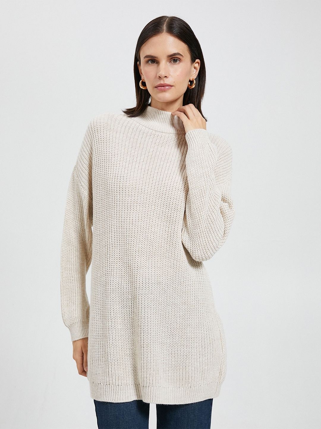 

Koton Self Design High Neck Acrylic Longline Pullover, Off white