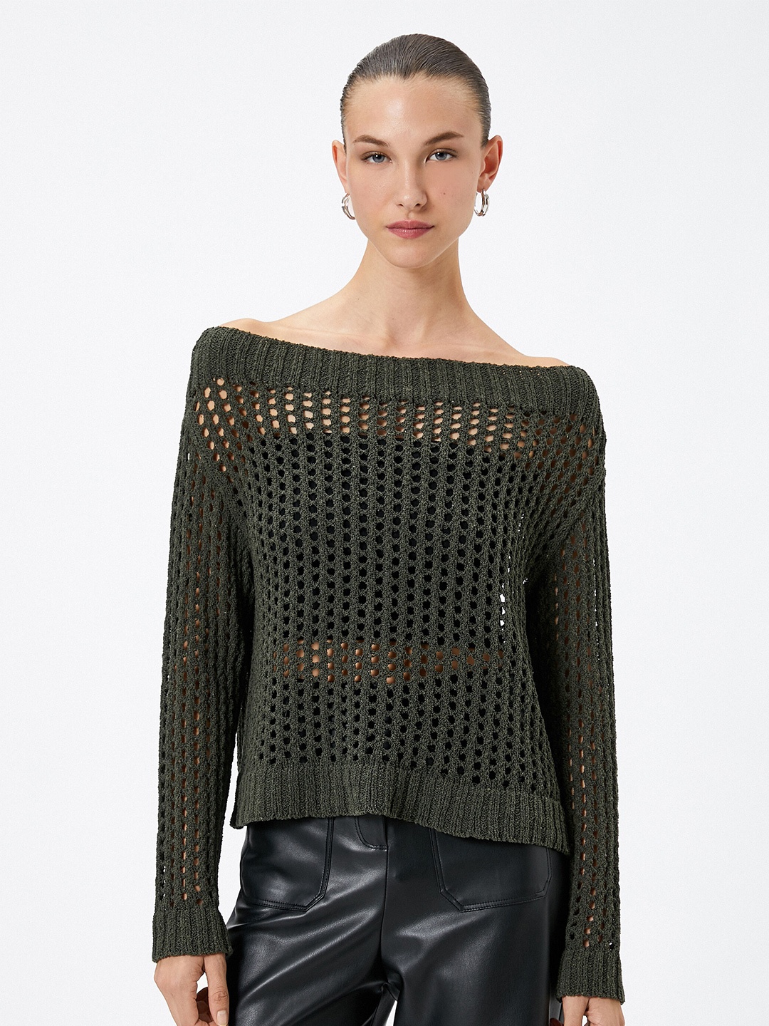 

Koton Self Design Boat Neck Top, Green