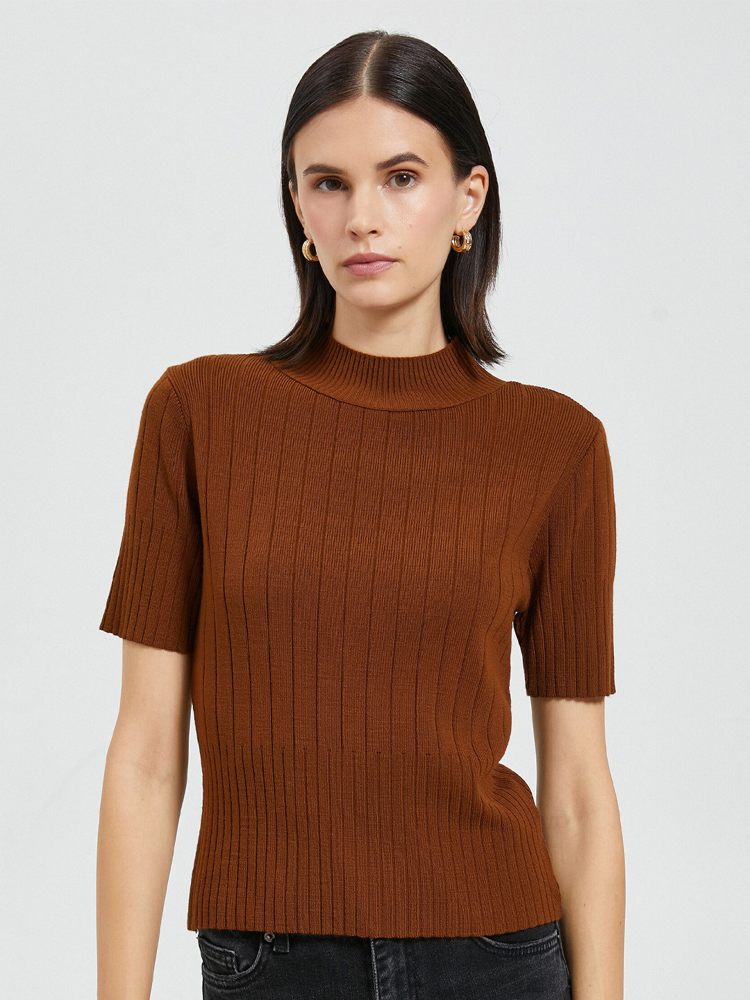 

Koton Striped High Neck Pure Acrylic Pullover, Brown