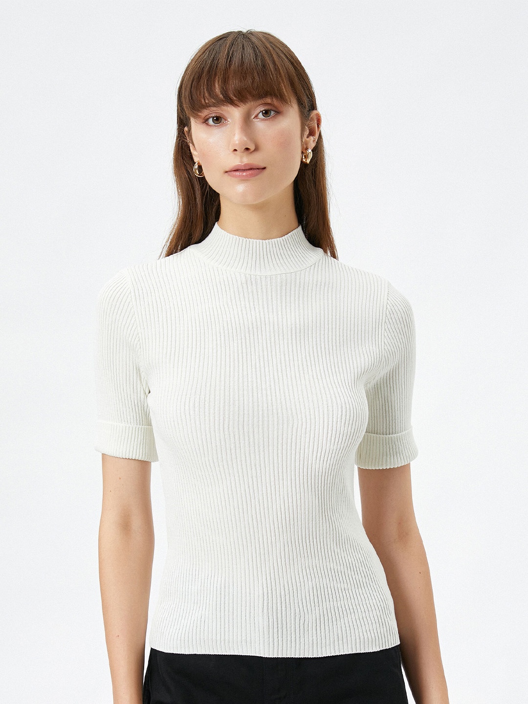 

Koton Ribbed Acrylic Mock Collar Pullover Sweaters, White