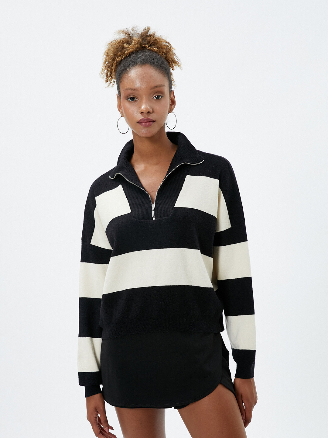 

Koton Striped Half Zipper Mock Collar Pullover Sweater, Black