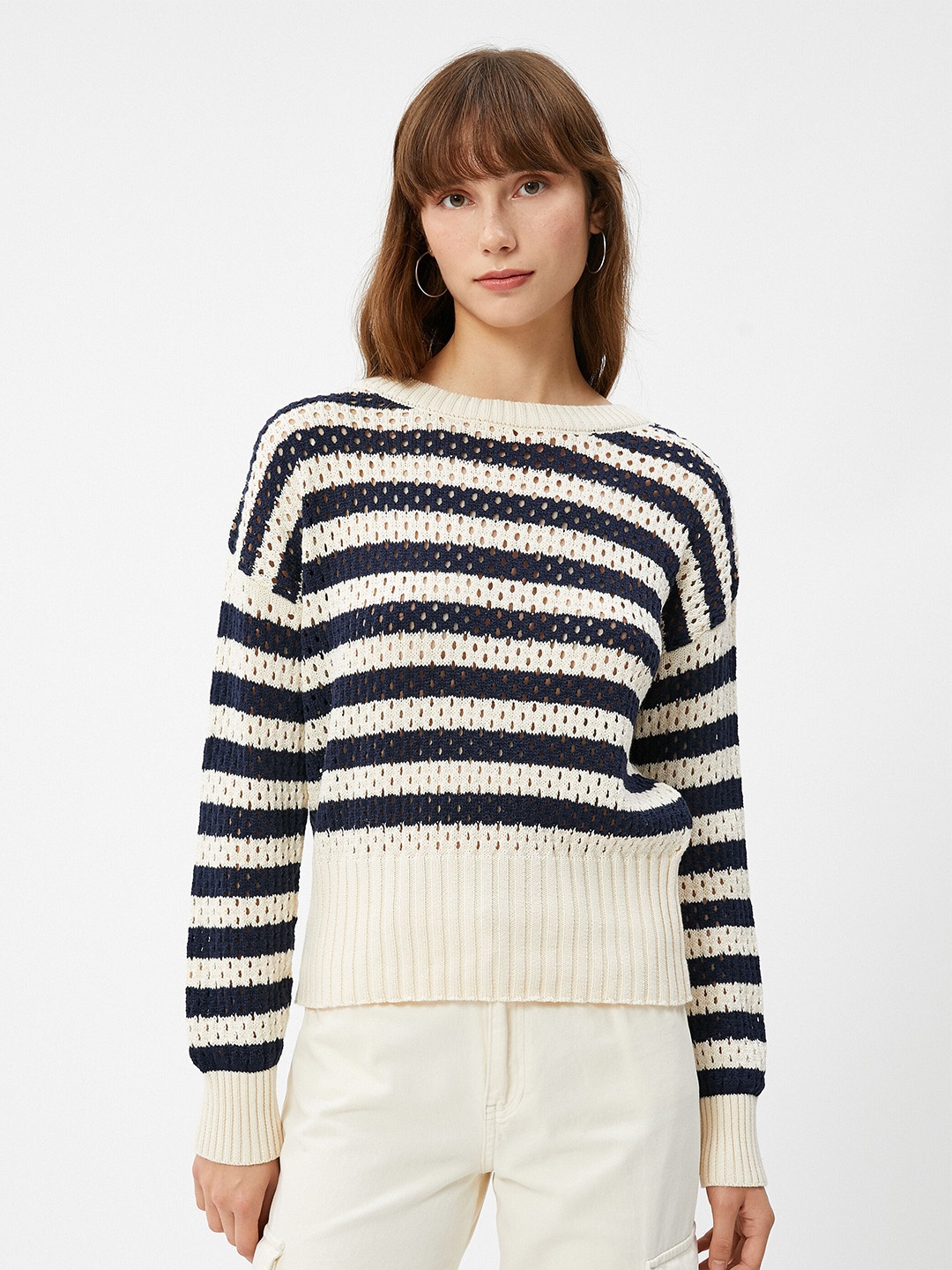 

Koton Striped & Open Knit Boat Neck Pullover Sweater, Off white