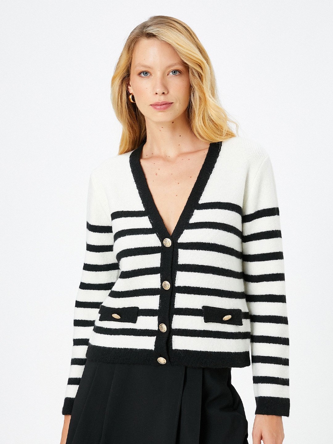 

Koton Striped V-Neck Long Sleeve Button Detail Cardigan Sweater, White