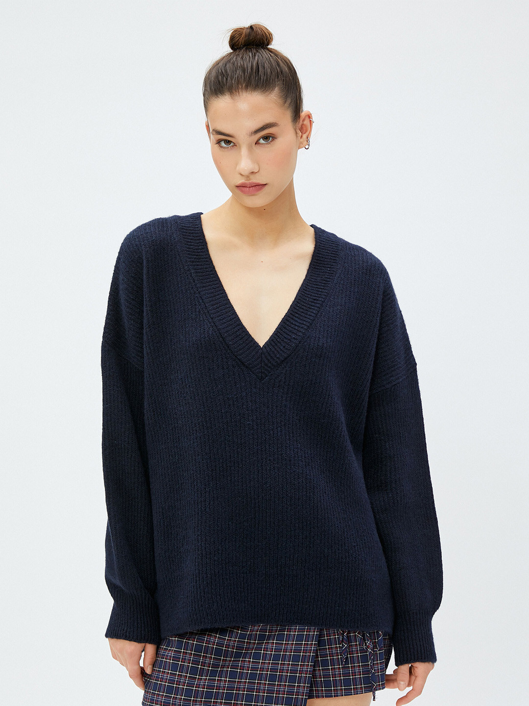

Koton Ribbed V-Neck Pullover, Navy blue