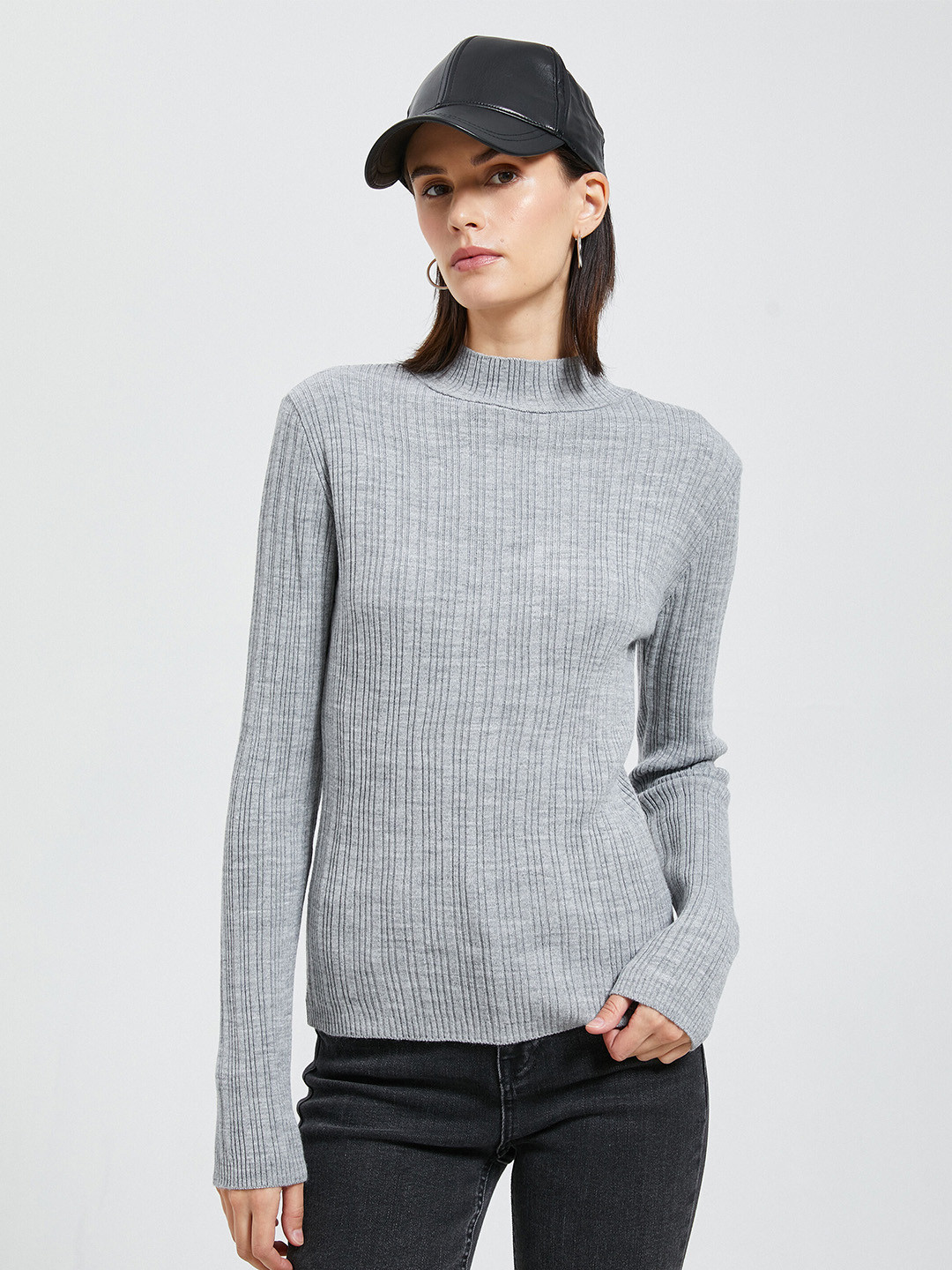 

Koton Striped Mock Collar Long Sleeve Acrylic Pullover Sweater, Grey