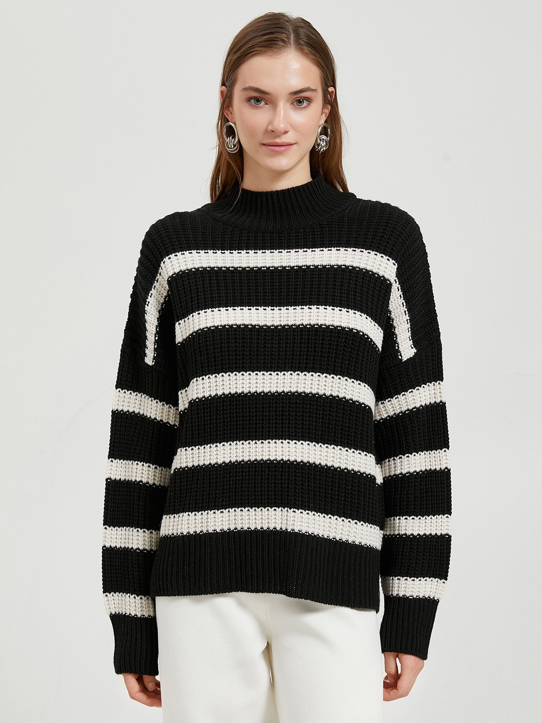 

Koton Striped Acrylic Pullover, Black