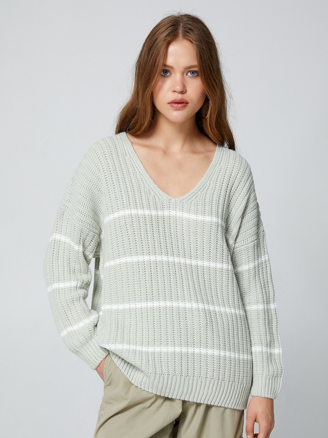 

Koton Striped V-Neck Long Sleeves Acrylic Pullover Sweater, Green