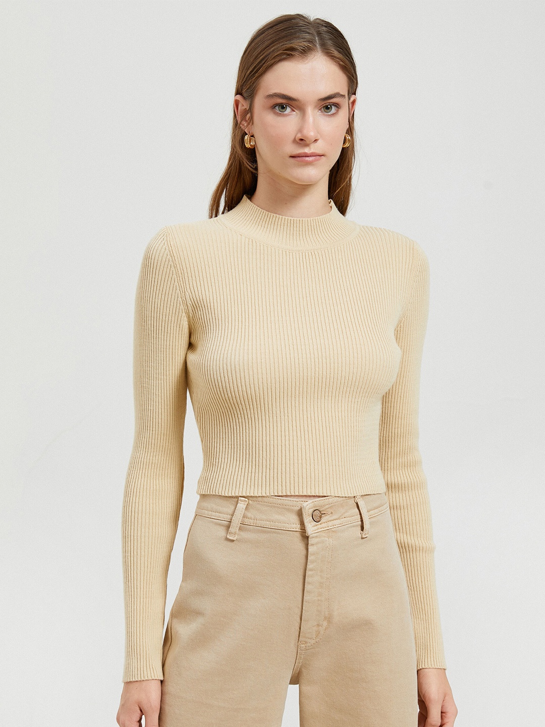 

Koton Ribbed Crop Pullover, Beige