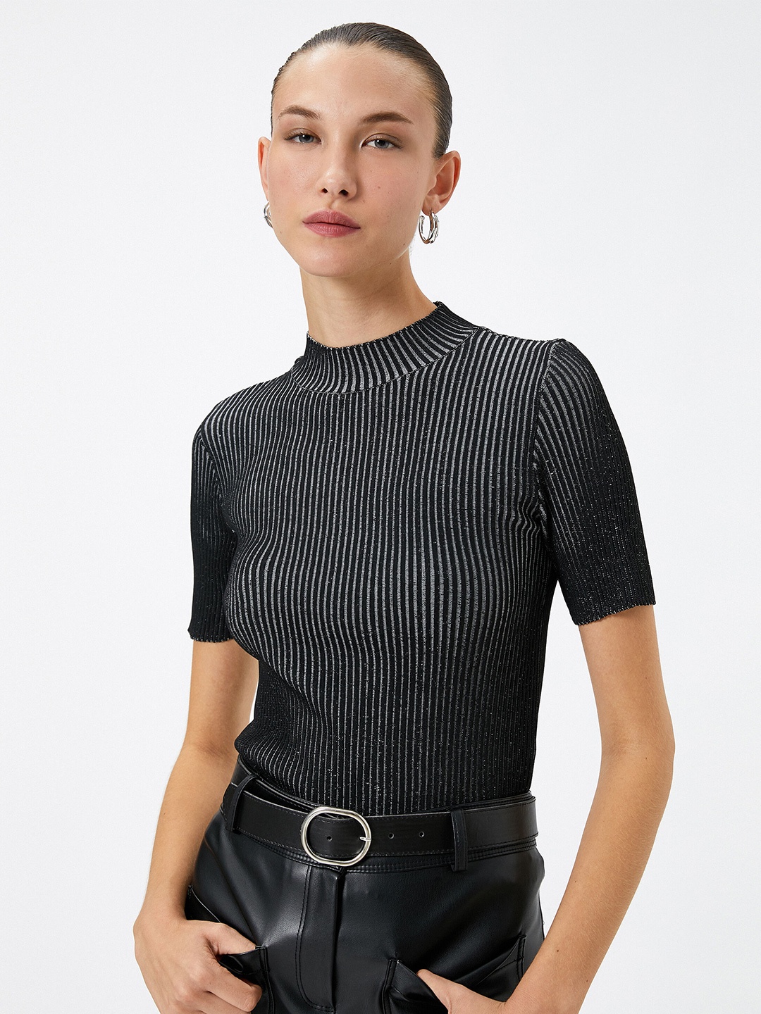 

Koton Striped Mock Collar Crop Pullover, Black