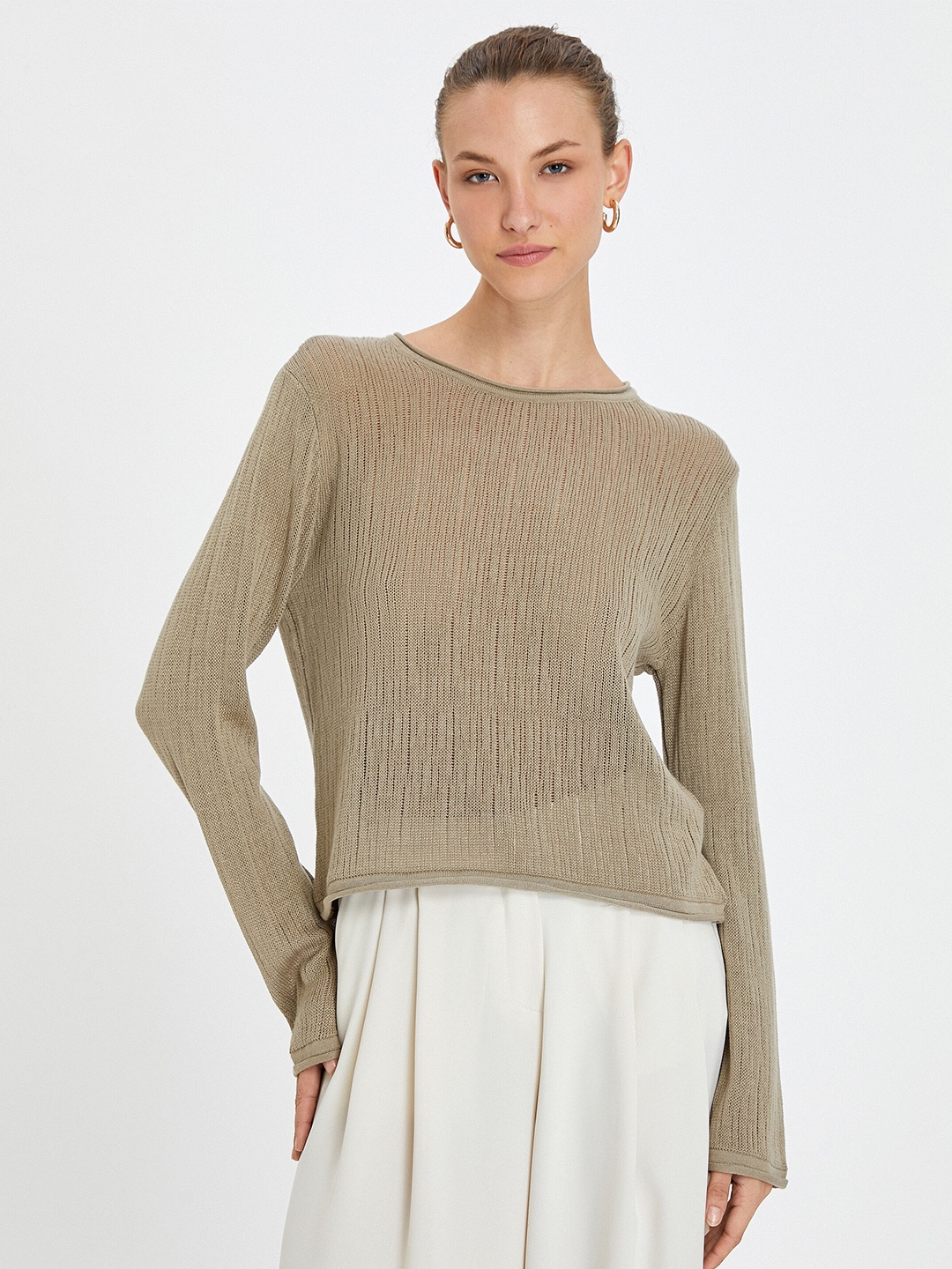 

Koton Cable Knit Self Design Pullover, Brown