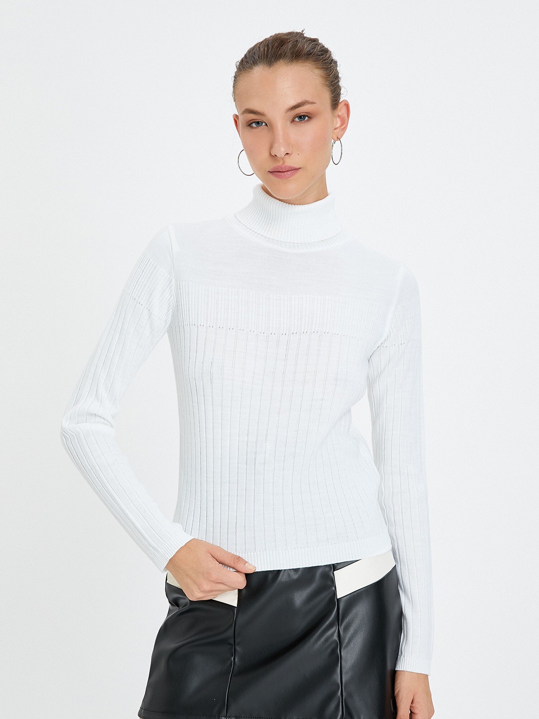 

Koton Self Design turtle Neck Long Sleeves Acrylic Pullover, White