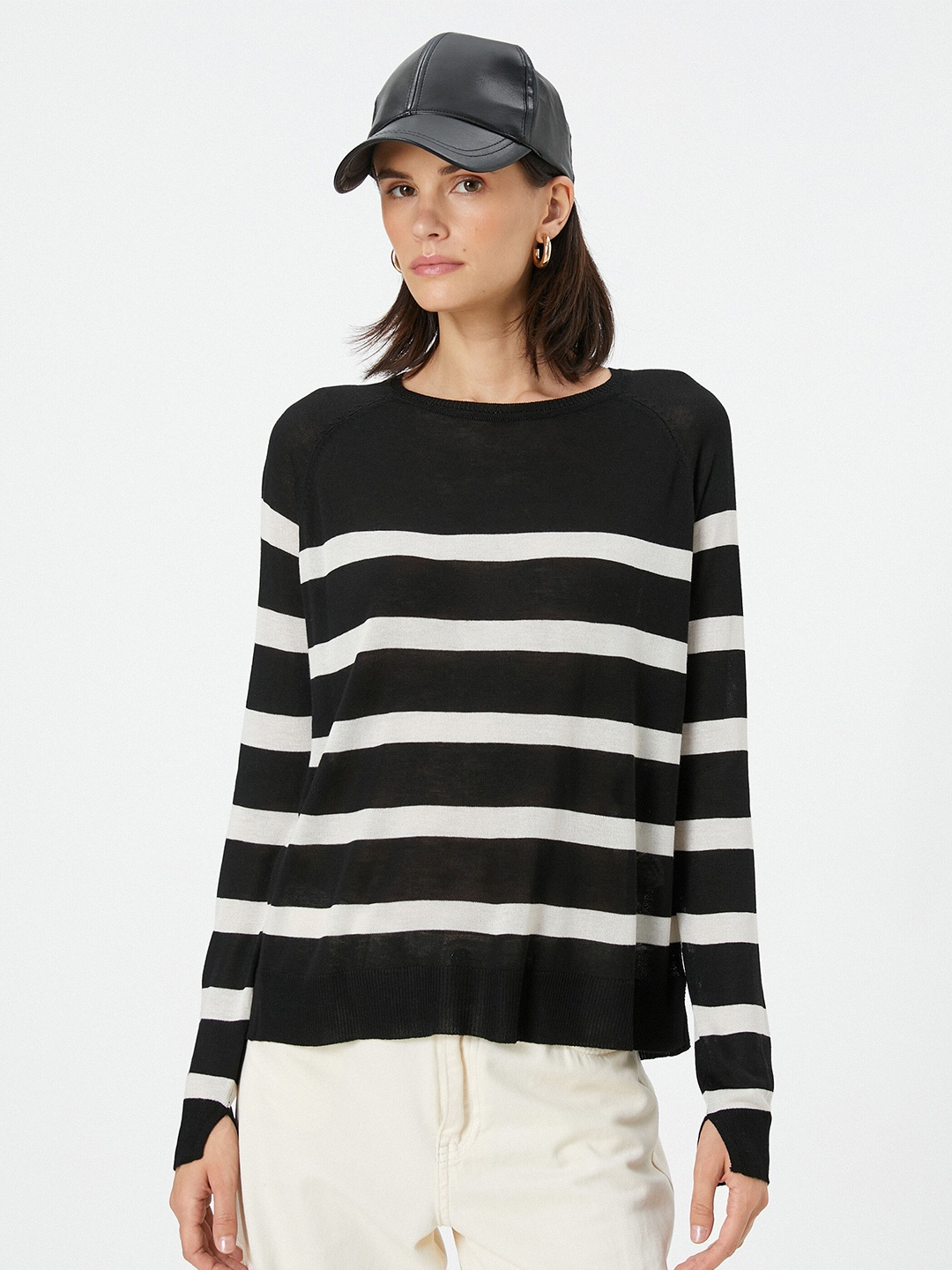 

Koton Striped Round Neck Pullover, Black