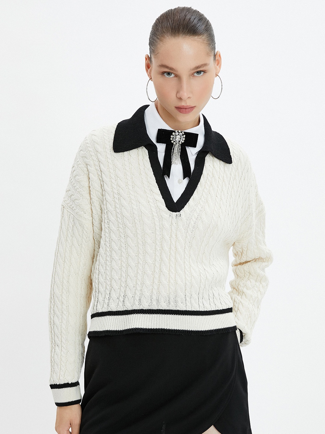 

Koton Cable Knit Spread Collar Pullover, White