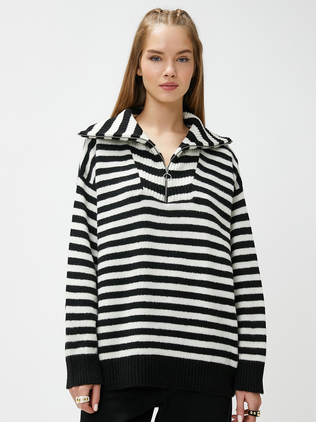 

Koton Shirt Collar Striped Pullover, Black