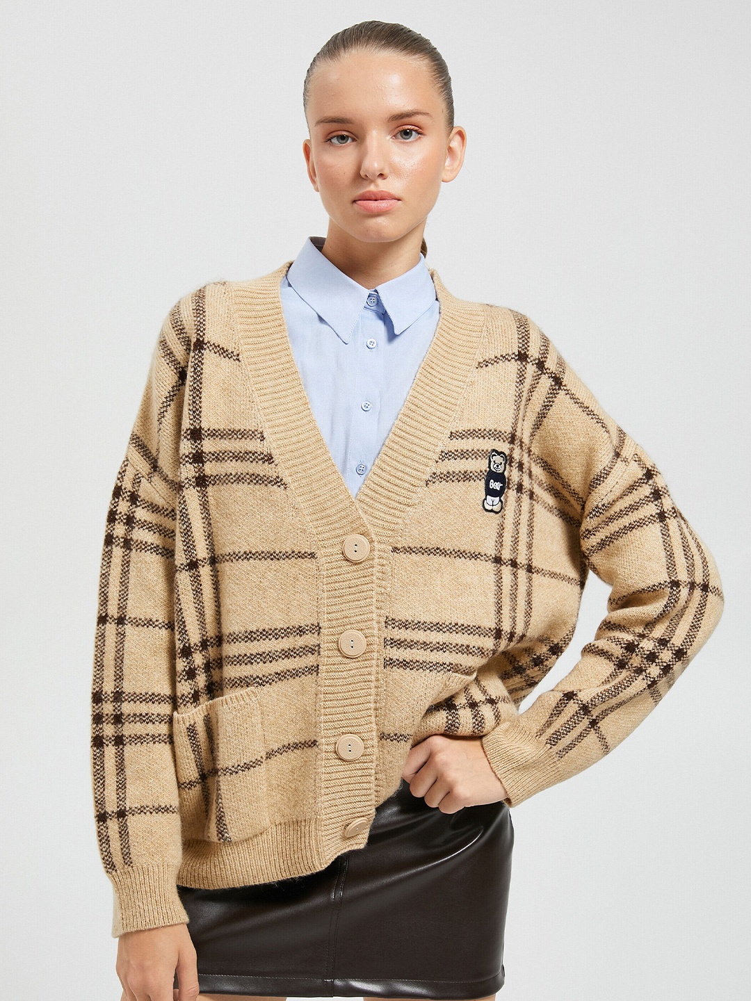 

Koton Checked V-Neck Long Sleeves Oversized Cardigan Sweater, Brown