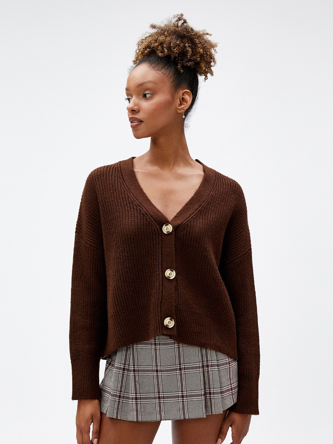 

Koton V-Neck Cable Knit Cardigan, Brown