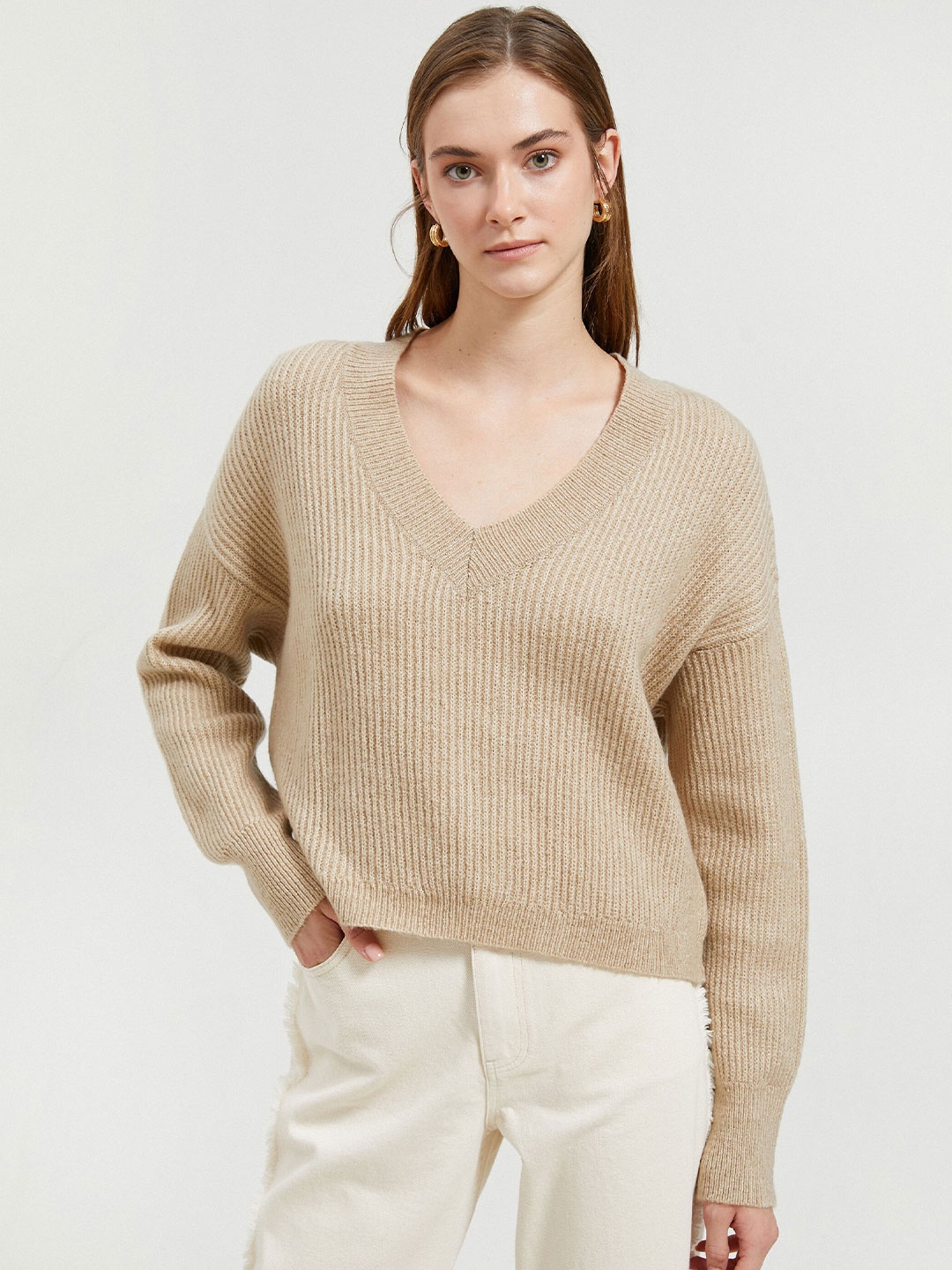 

Koton Ribbed V-Neck Pullover, Beige