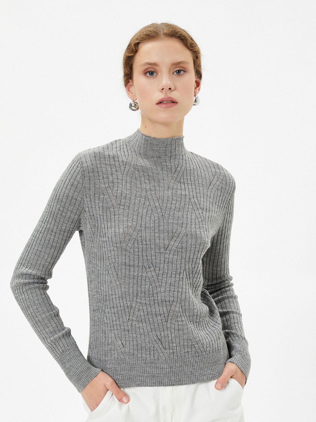 

Koton Striped Long Mock Collar Sleeves Acrylic Pullover Sweater, Grey