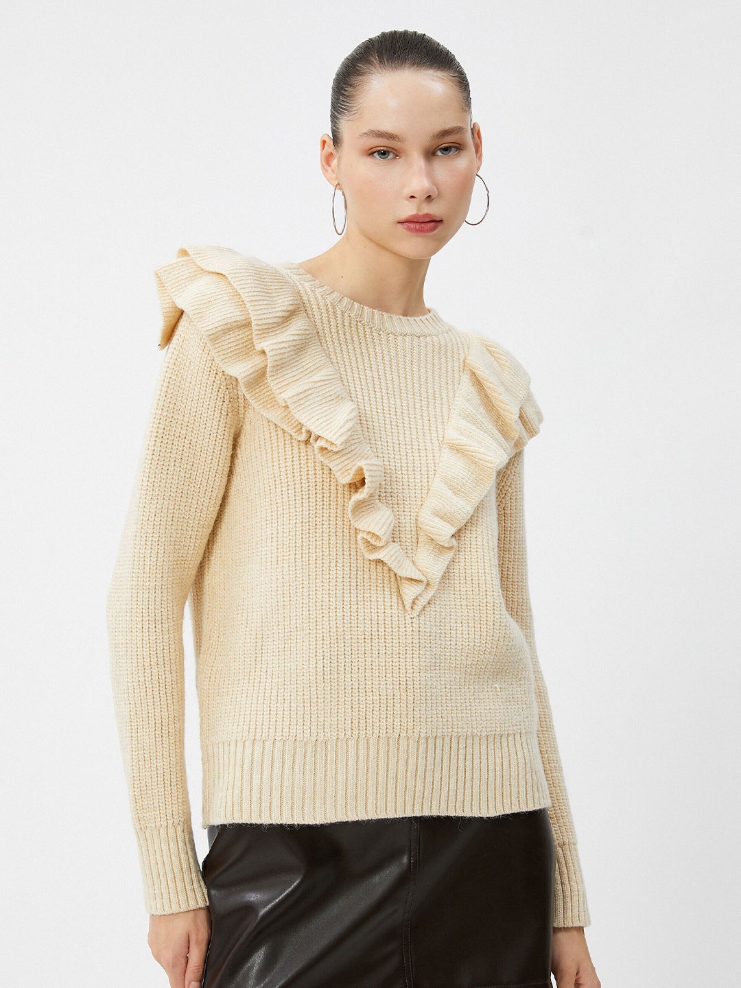 

Koton Ribbed Round Neck Long Sleeves Ruffles Pullover Sweater, Cream