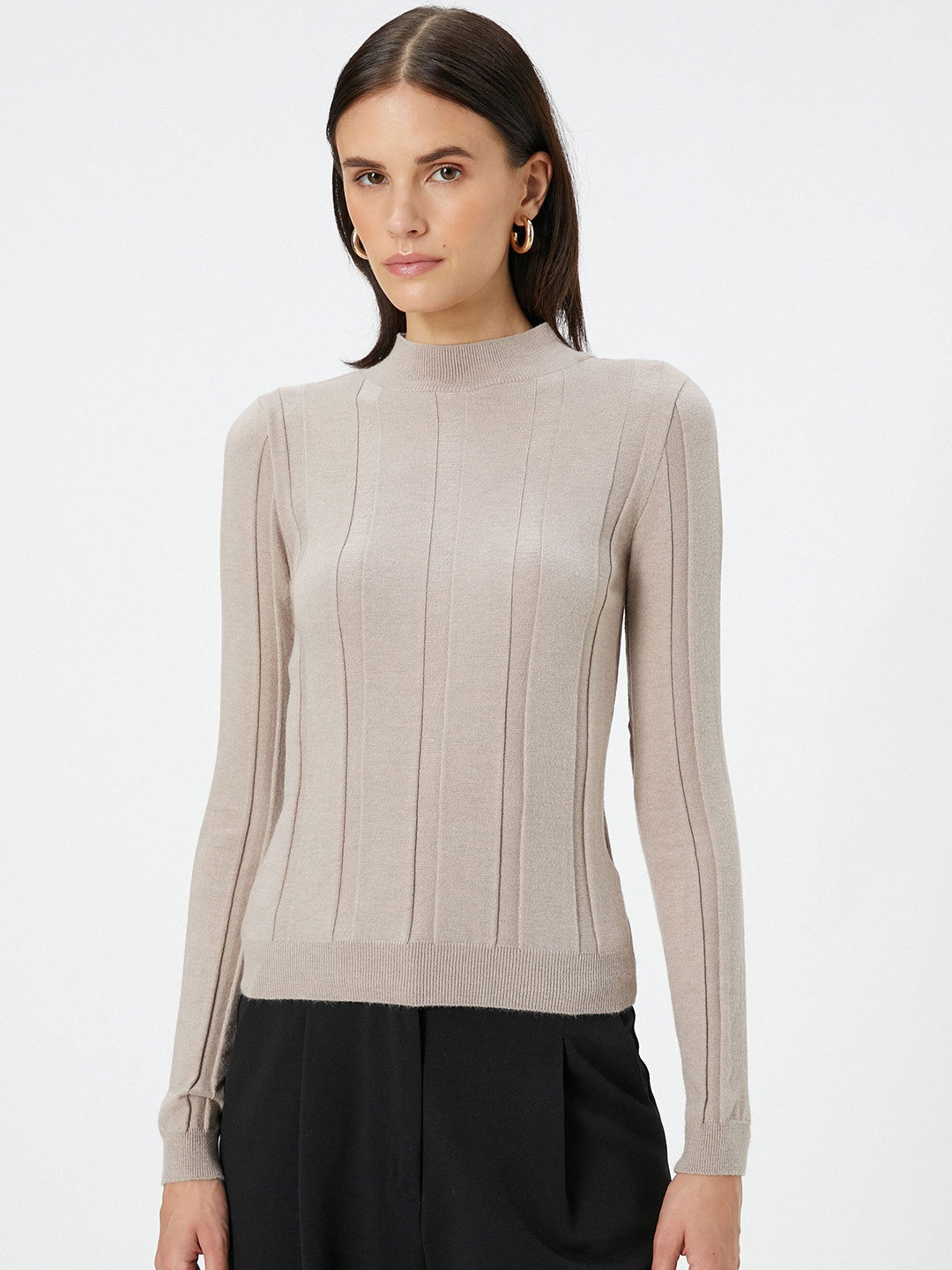 

Koton Mock Neck Ribbed Pullover, Beige