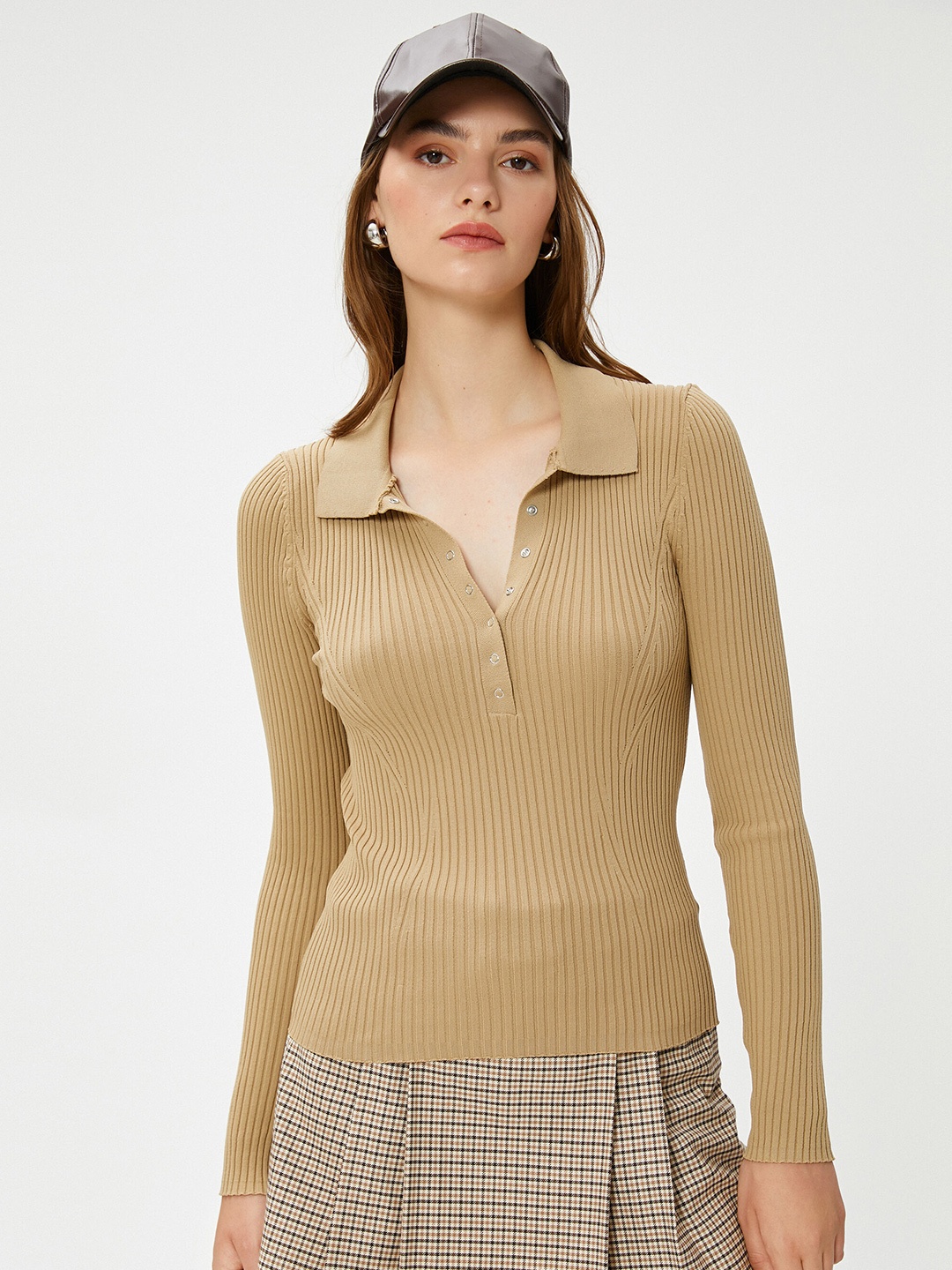 

Koton Ribbed Polo Collar Long Sleeves Pullover, Beige