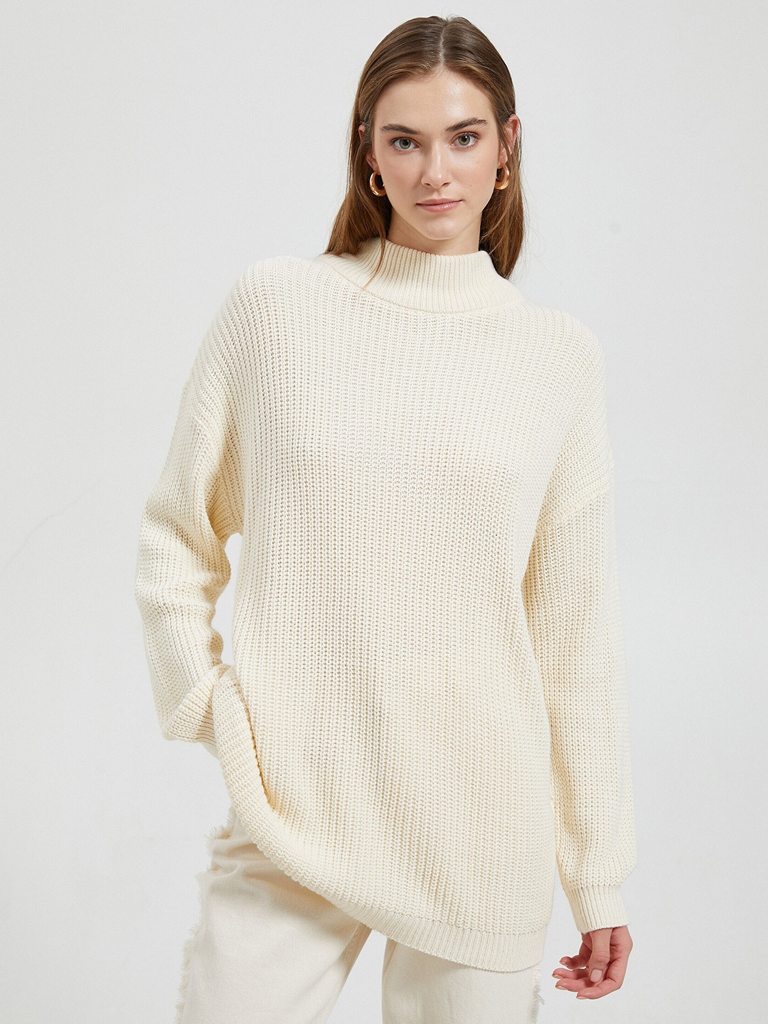 

Koton Cable Knit Self Design Mock Collar Acrylic Longline Pullover Sweater, Cream