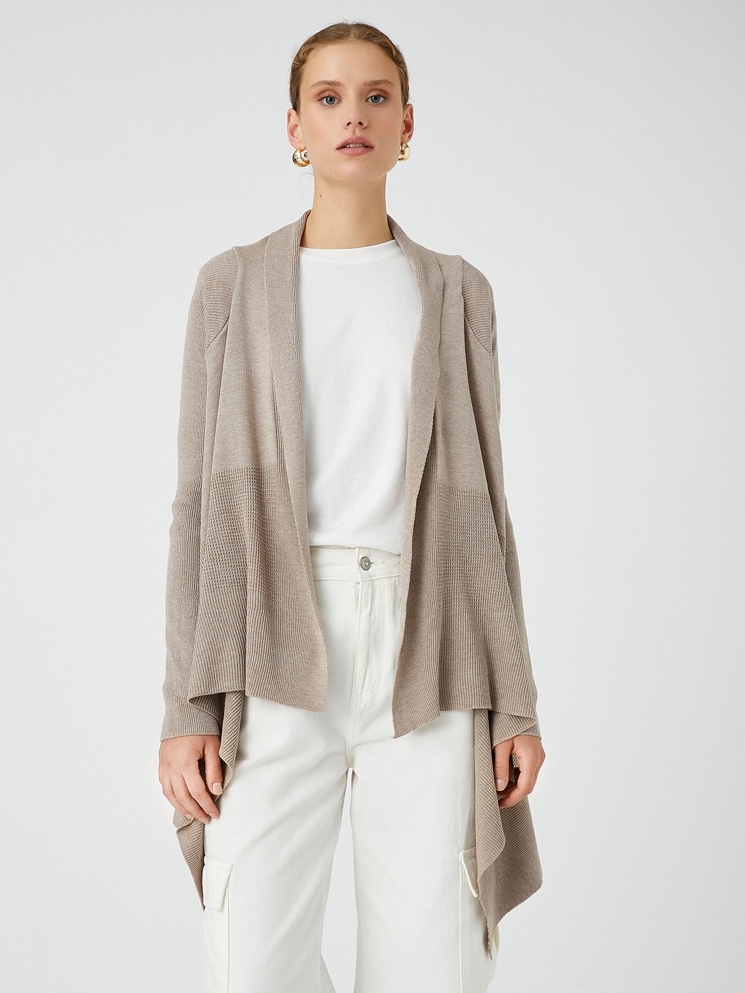 

Koton Ribbed Shawl Collar Long Sleeves Pure Acrylic Longline Front-Open Sweater, Beige
