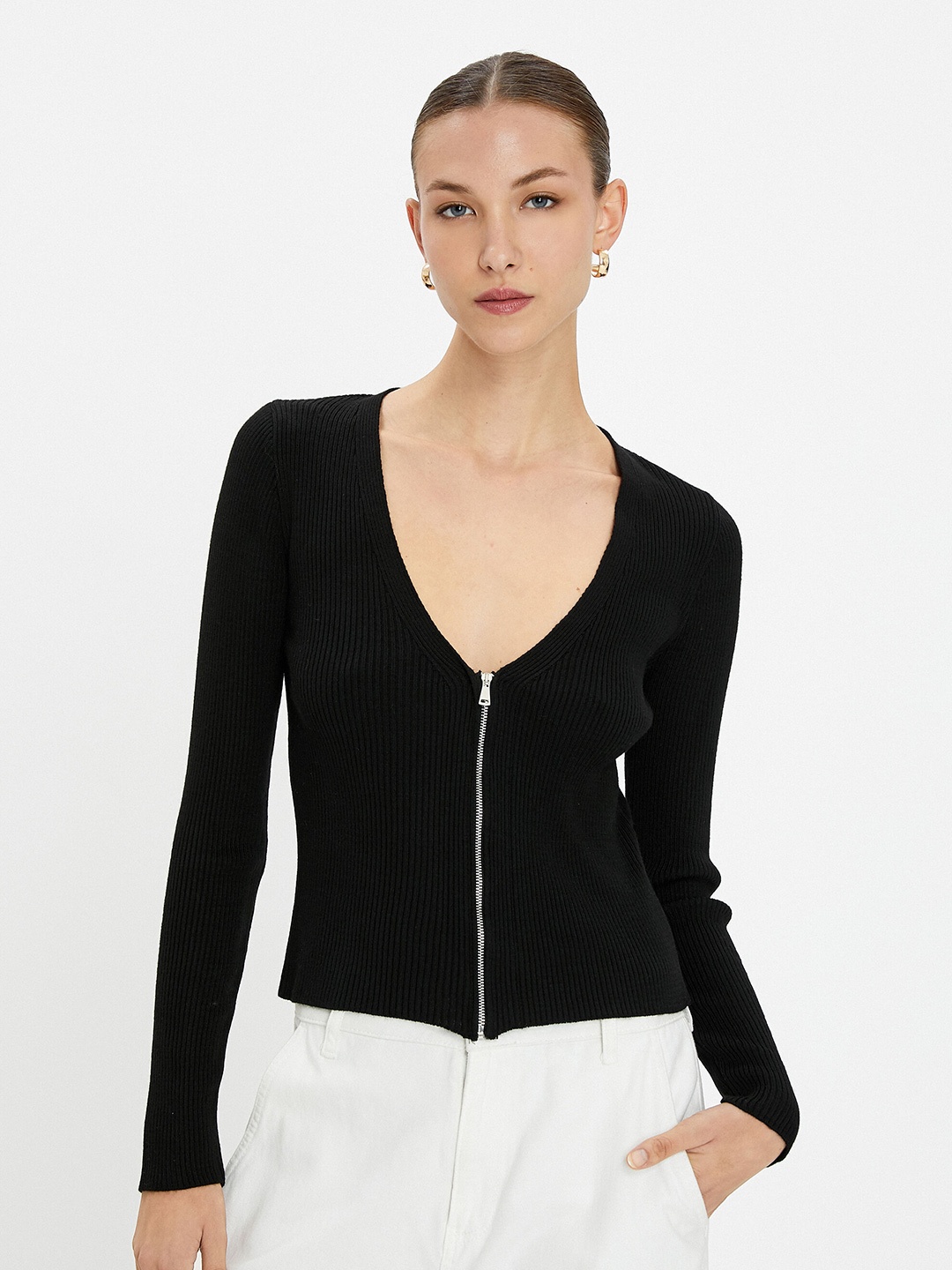 

Koton V-Neck Long Sleeves Pure Acrylic Cardigan Sweater, Black