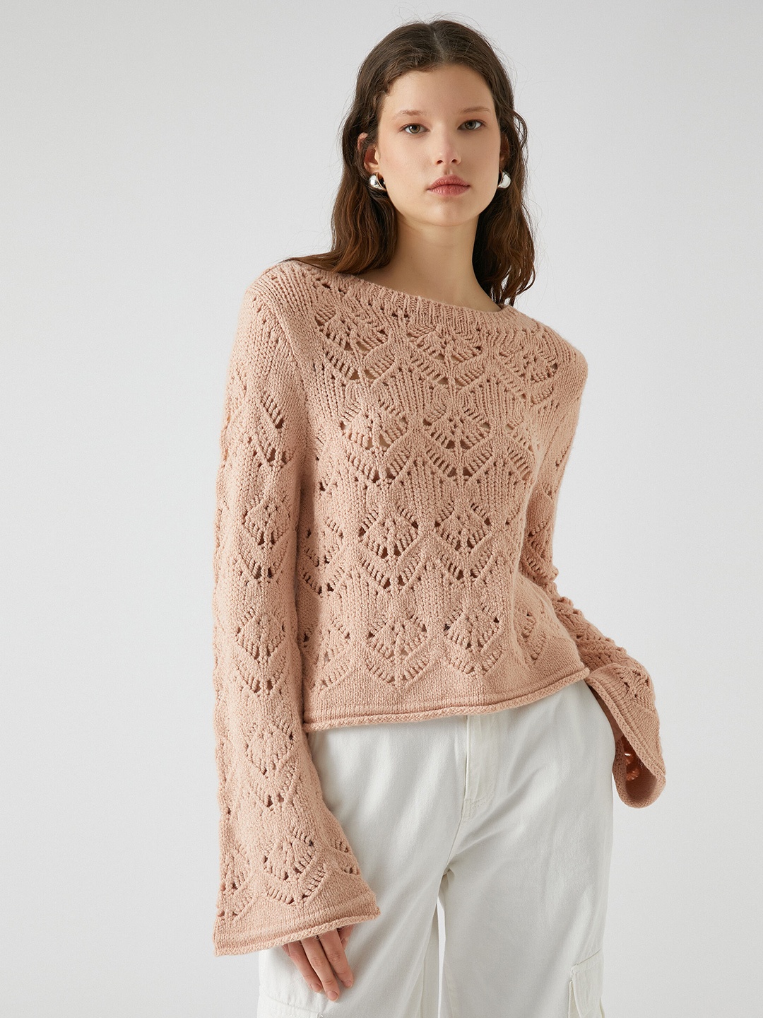 

Koton Open Knit Self Design Boat Neck Pullover, Beige