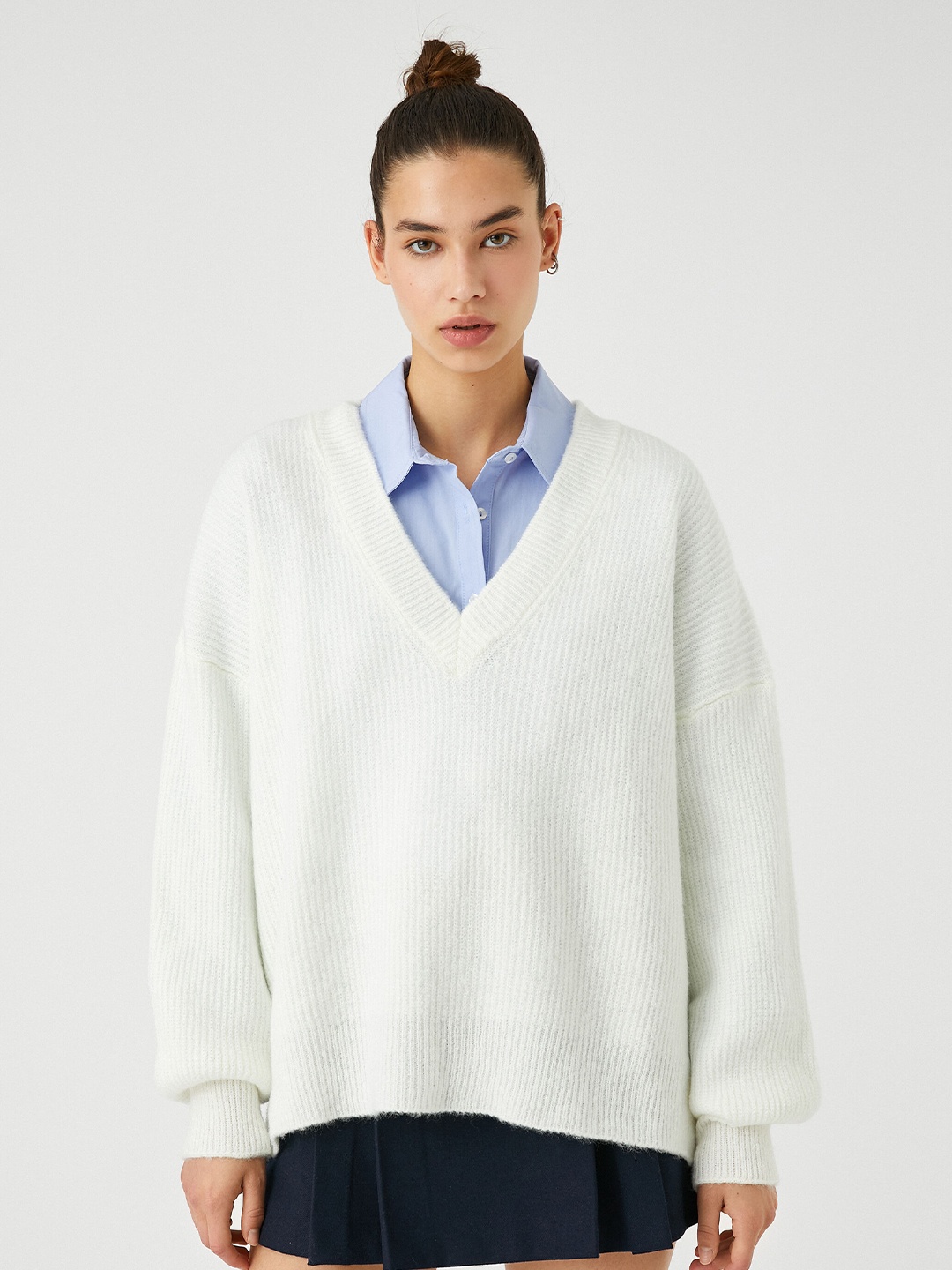 

Koton Ribbed V-Neck Pullover Sweater, White