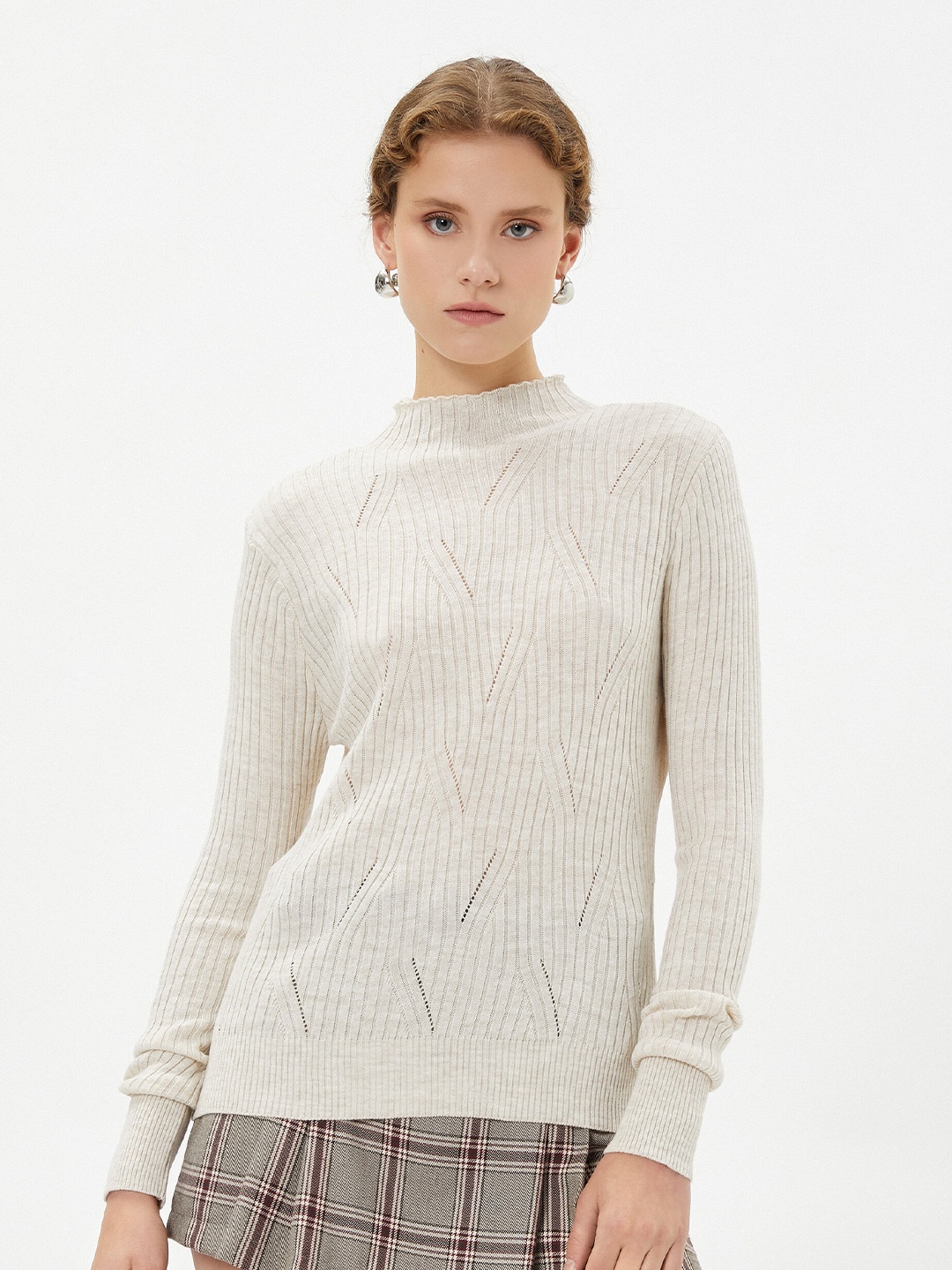 

Koton Ribbed High Neck Acrylic Pullover, Off white