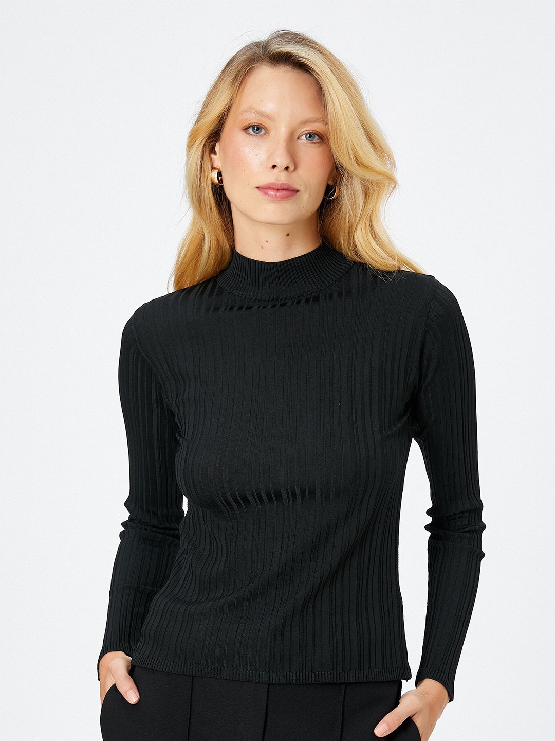 

Koton Ribbed High Neck Pullover, Black