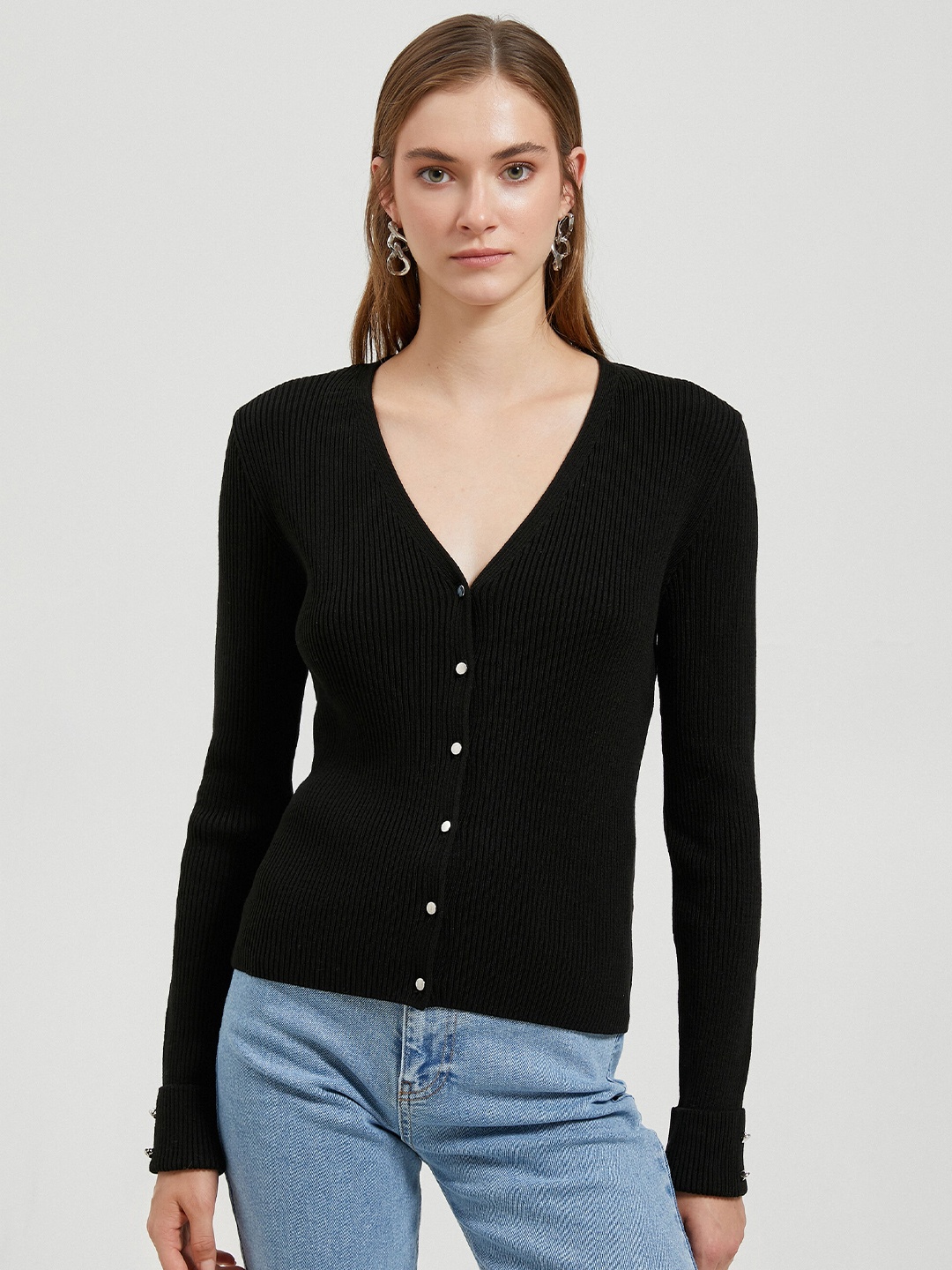 

Koton Ribbed V-Neck Long Sleeves Acrylic Cardigan Sweater, Black