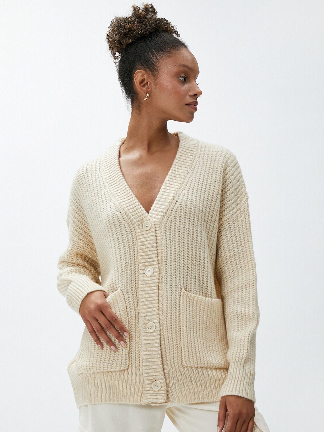 

Koton V-Neck Cable Knit Cardigan Sweater, White