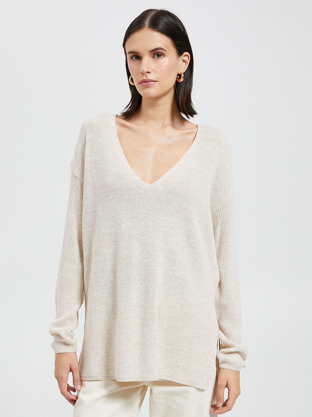 

Koton V-Neck Longline Acrylic Pullover Sweater, Off white