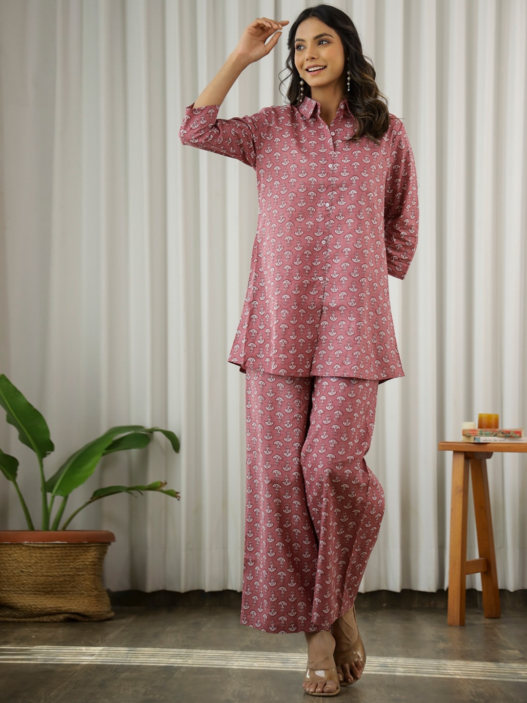 

SANSKRUTIHOMES Floral Printed Pure Cotton Tunic With Palazzo, Mauve