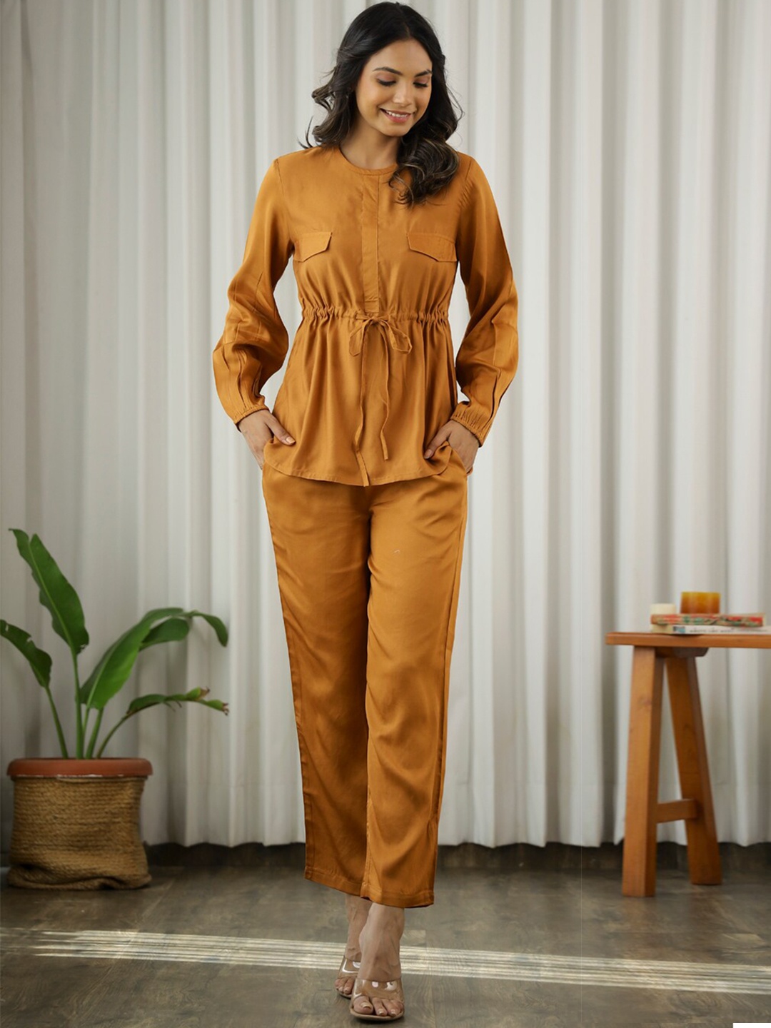 

SANSKRUTIHOMES Round Neck Modal Top With Trousers Co-Ords, Beige