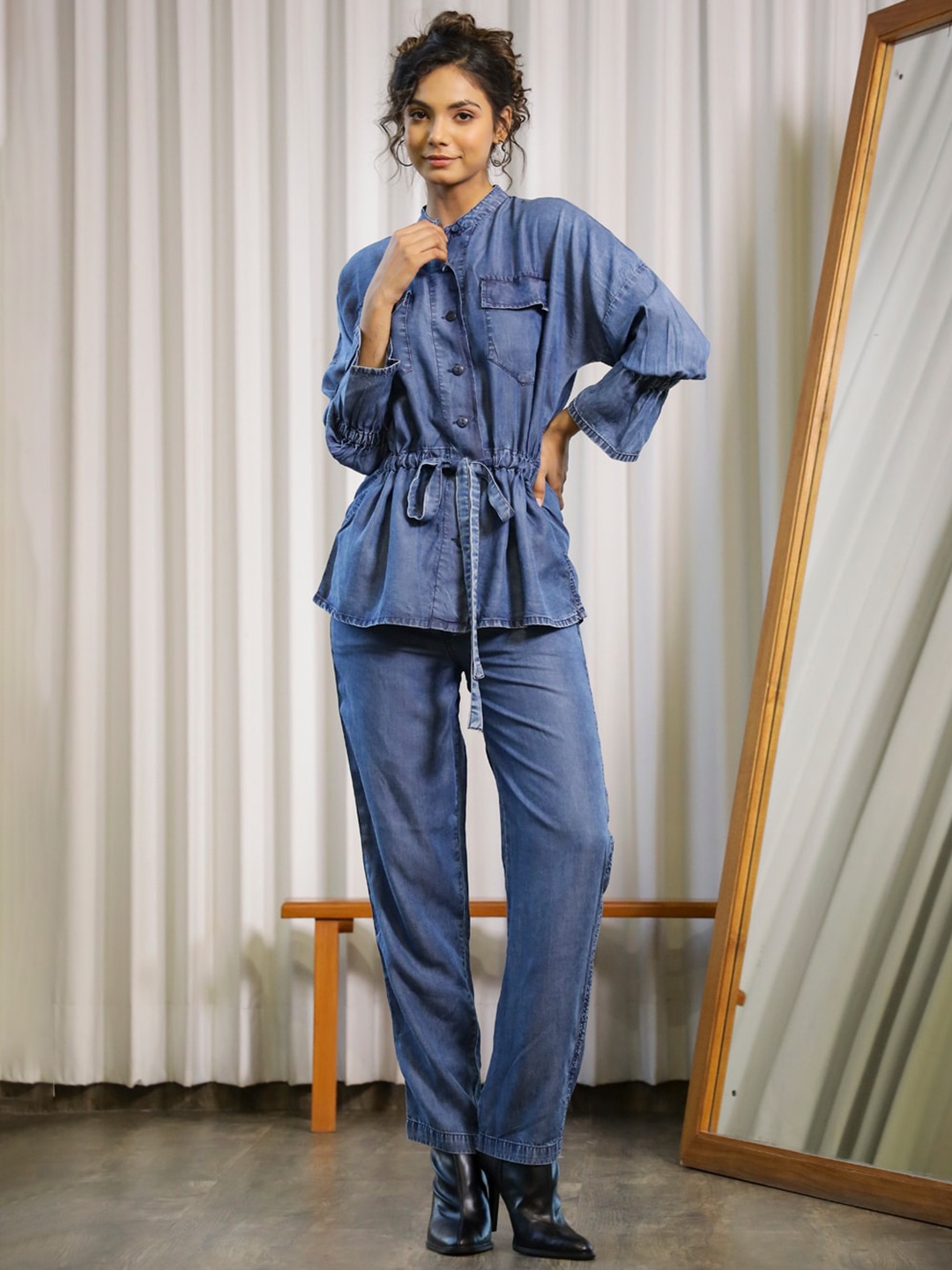

SANSKRUTIHOMES Denim Shirt With Trousers Co-Ords, Blue