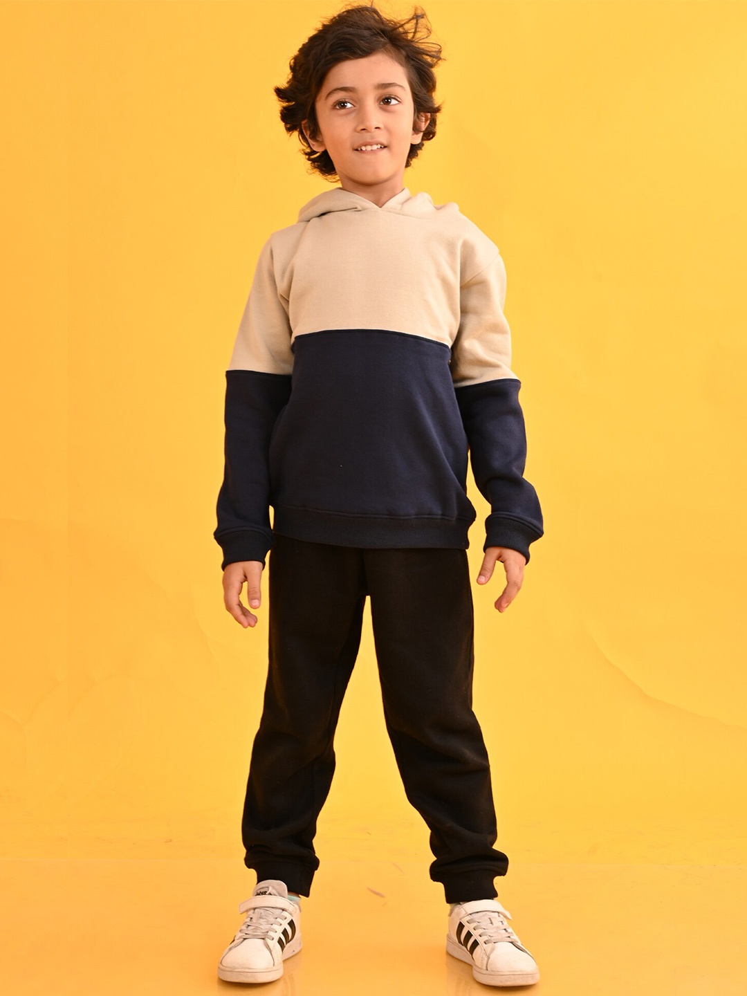 Anthrilo Boys Colourblocked Hooded Sweatshirt With Joggers, Beige