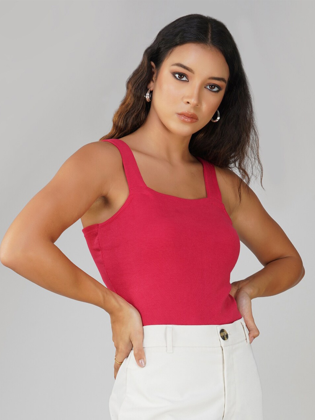 

Lagashi Ribbed Shoulder Straps Cotton Fitted Top, Pink