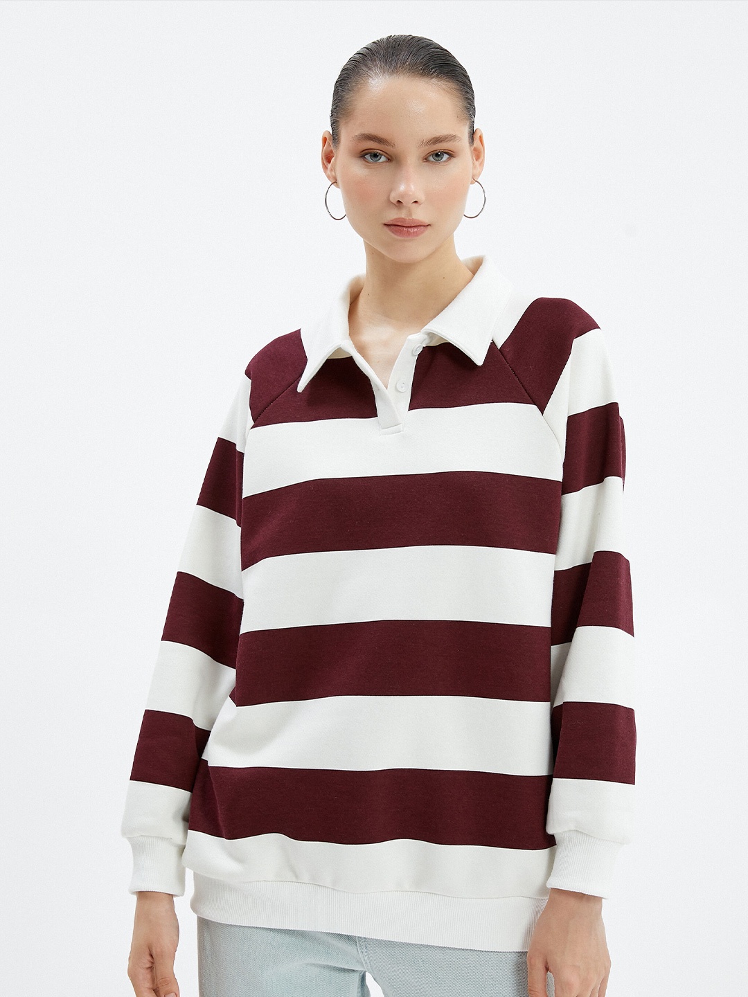 

Koton Striped Shirt Collar Pullover, White
