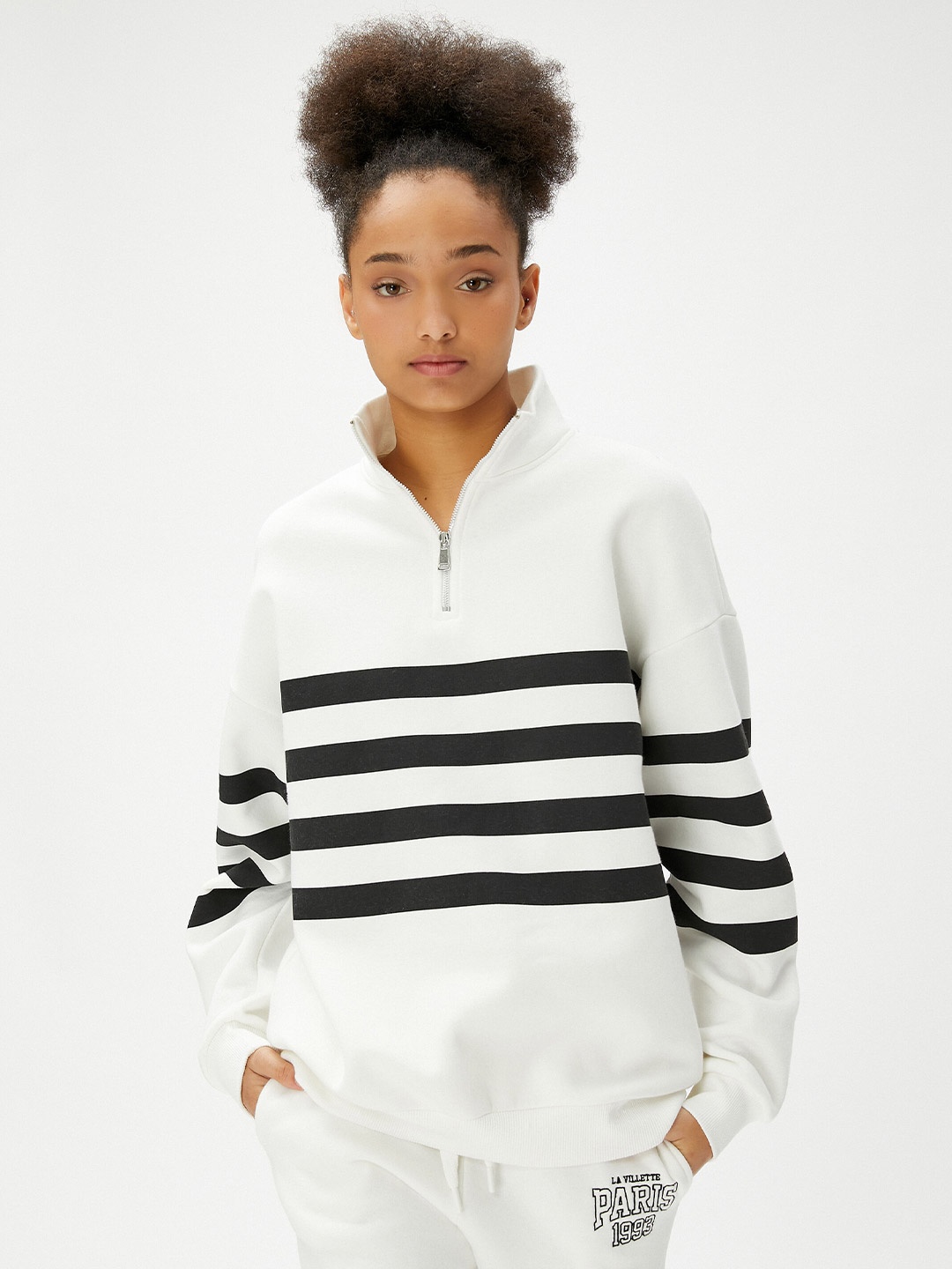 

Koton Striped Half Zipper Pullover, White