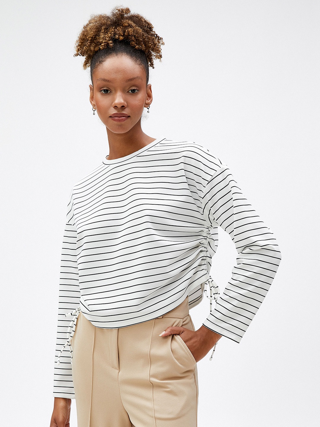 

Koton Striped Round Neck Pullover Sweatshirt, White