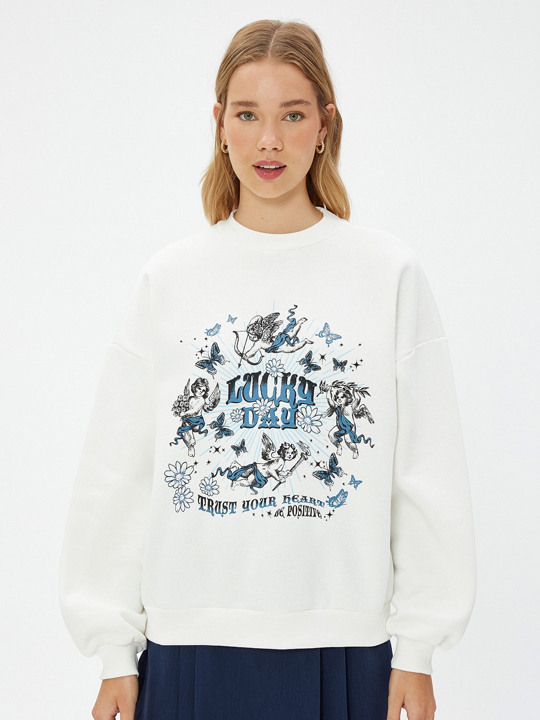 

Koton Typography Printed Long Sleeves Longline Pullover Sweatshirt, White
