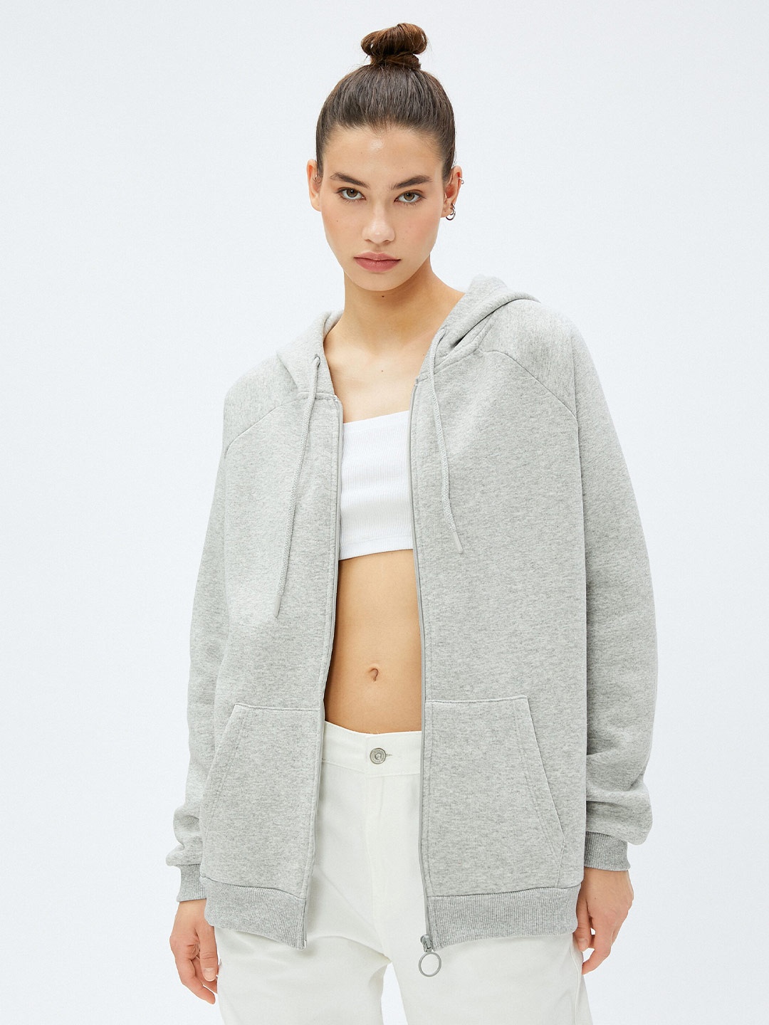 

Koton Hooded Front-Open Sweatshirt, Grey