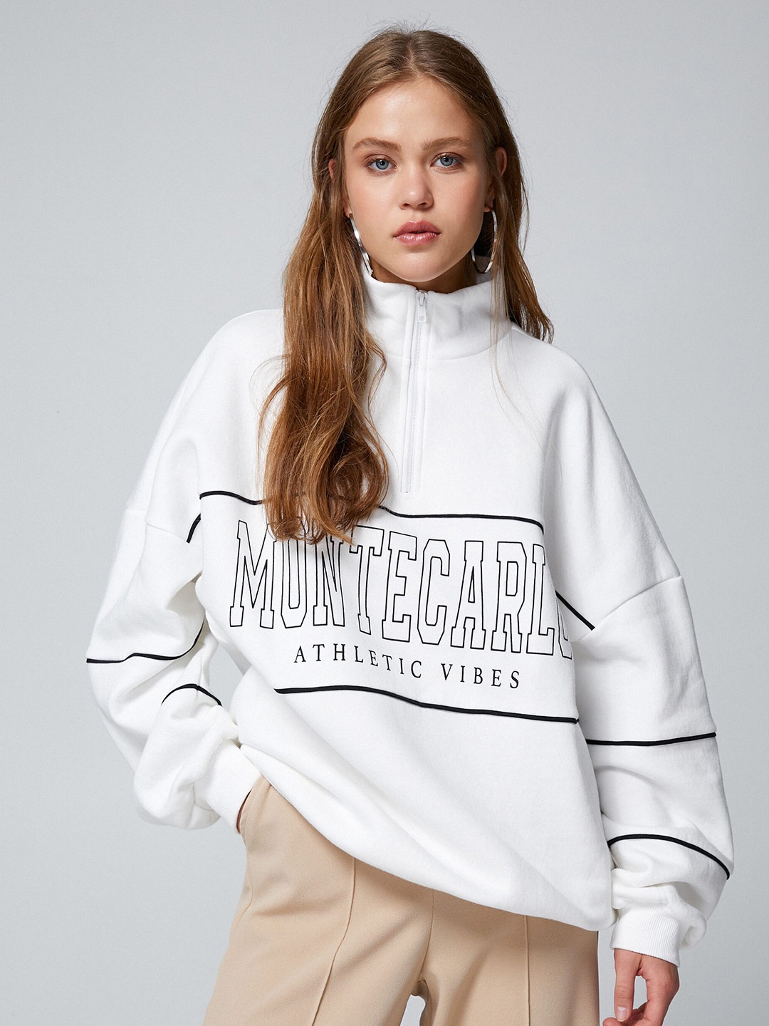 

Koton Typography Printed Mock Collar Longline Front-Open Sweatshirt, White