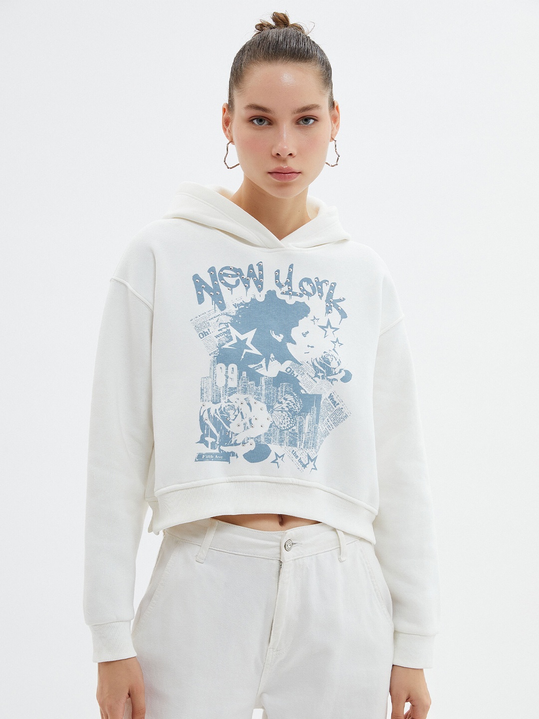 

Koton Graphic Printed Hooded Pullover, White