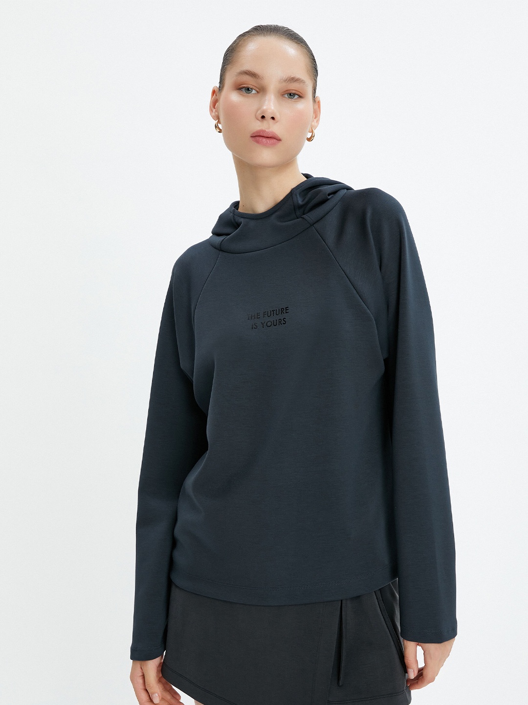

Koton Typography Printed Hooded Long Sleeves Pullover Sweatshirt, Navy blue