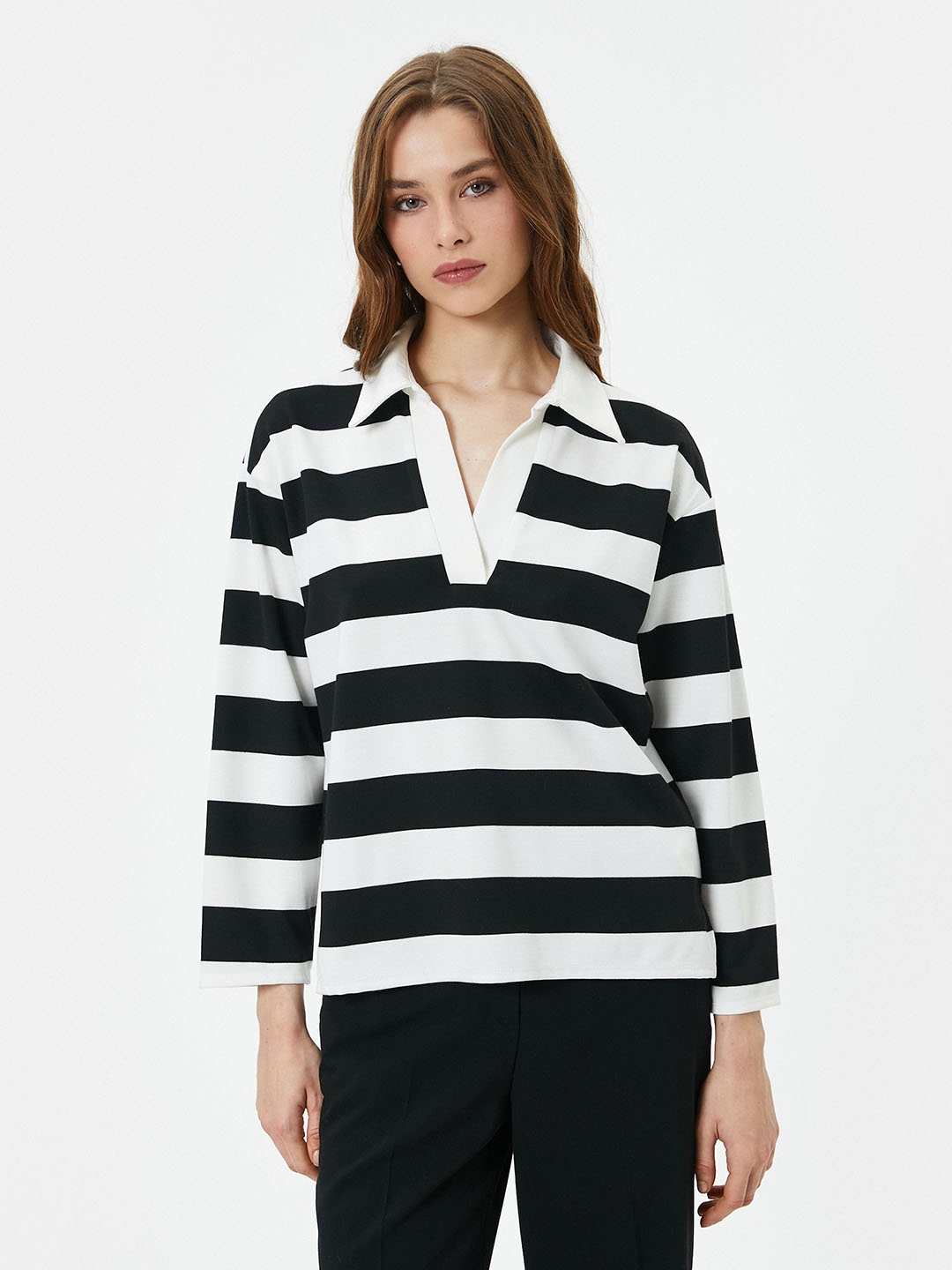 

Koton Striped Shirt Collar Sweatshirt, Black