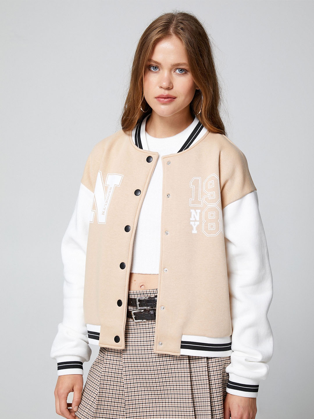 

Koton Stand Collar Varsity Jacket, Peach